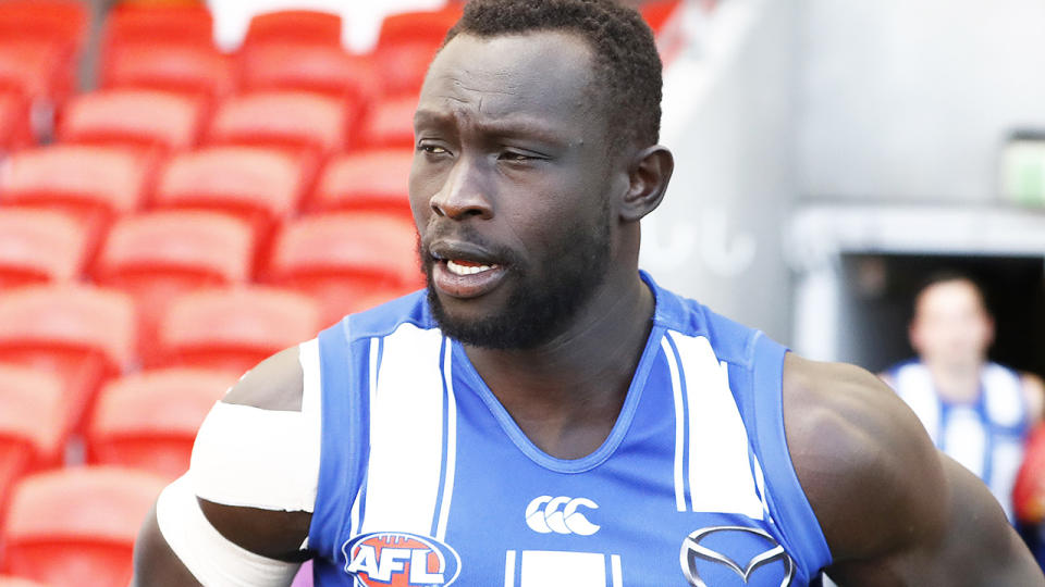 Majak Daw was one of 11 players to be cut from North Melbourne's AFL list on Friday, at the conclusion of a disappointing 2020 season for the Kangaroos. (Photo by Ryan Pierse/Getty Images)