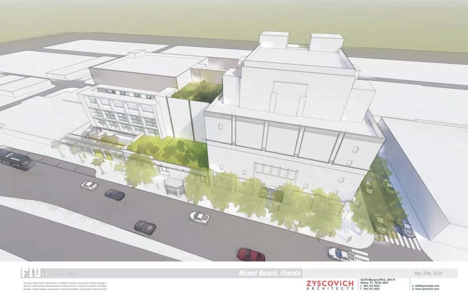 An architectural rendering shows a proposed addition, at left, to the historic Wolfsonian-FIU museum building on Washington Avenue in Miami Beach. The addition would sit behind the preserved Art Deco facades of two commercial buildings and an interior courtyard.