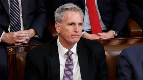 PHOTO: House Republican Leader Kevin McCarthy listens in the House Chamber during the second day of elections for Speaker of the House at the U.S. Capitol Jan. 4, 2023, in Washington. (Anna Moneymaker/Getty Images)