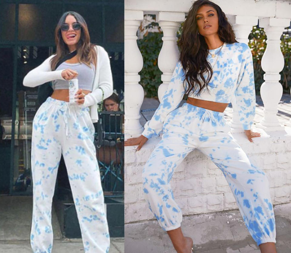 Vanessa Hudgens in Cara pants; Model in matching Cara pants and sweatshirt