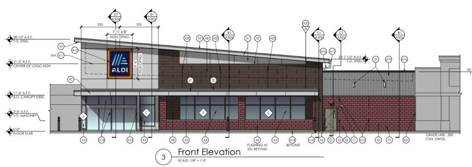 This sketch shows the Aldi grocery store proposed at the Wayne Heights Mall along Route 16 just east of Waynesboro.