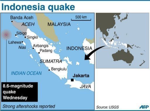 A map of Indonesia's Sumatra locating the 8.6-magnitude quake. A tsunami watch around the Indian Ocean was lifted hours after two massive earthquakes struck off Indonesia's Sumatra island Wednesday, sending terrified people fleeing from the coast