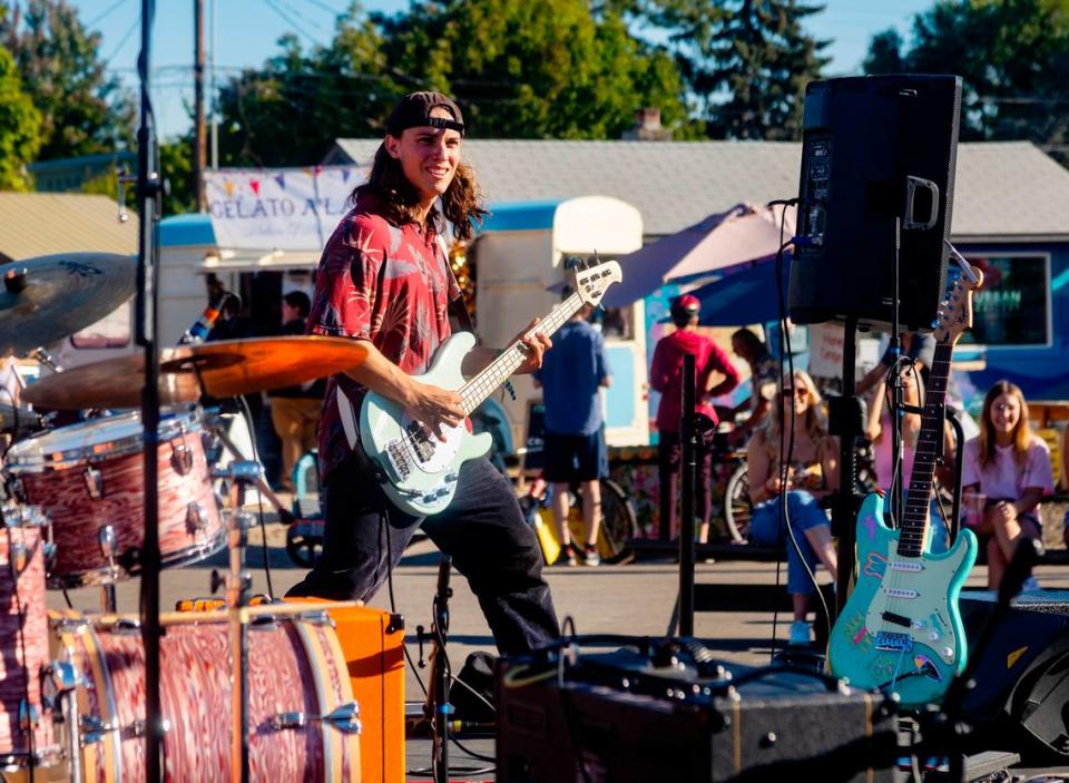 Leading Lines perform on a stage outside of Push & Pour at Flipside Fest in the Live-Work-Create District of Garden City on Sept. 23, 2022. The new festival, featuring live music from local and international bands, was created by the producers of the annual Treefort Music Fest.