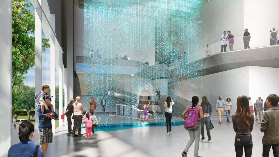 The new Museum of Science and History will feature a two-story water feature representing the St. Johns River's 27-foot drop from its headwaters to where it empties into the Atlantic Ocean near Jacksonville.