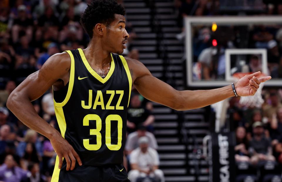 Utah Jazz’s Ochai Agbaji talks to a teammate during a free-throw as they and Oklahoma City Thunder play in Summer League action at the Delta Center in Salt Lake City on Monday, July 3, 2023. | Scott G Winterton, Deseret News