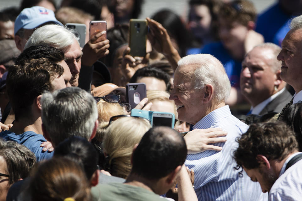 Democratic presidential candidate, former Vice President Joe Biden meets with attendees during a campaign rally at Eakins Oval in Philadelphia, Saturday, May 18, 2019. (AP Photo/Matt Rourke)