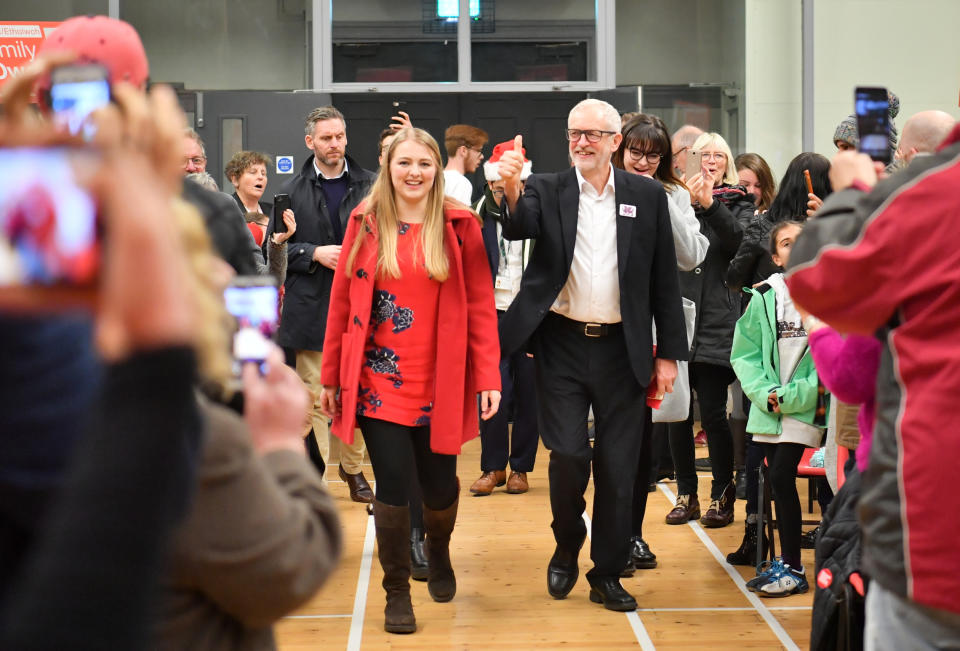 Labour Leader Jeremy Corbyn, with his party's Parliamentary candidate for Aberconwy Emily Owen, meeting supporters during a visit to Llanfairfechan Town Hall near Aberconwy, while on the General Election campaign trail in Wales.