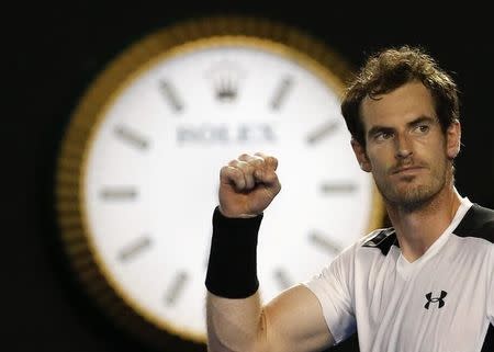 Britain's Andy Murray celebrates after winning his quarter-final match against Spain's David Ferrer at the Australian Open tennis tournament at Melbourne Park, Australia, January 27, 2016. REUTERS/Issei Kato