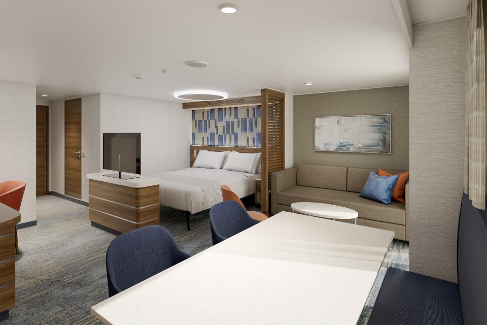 Spacious cabins with dedicated spaces give guests functional areas beyond the bed and TV on Carnival's Mardi Gras.