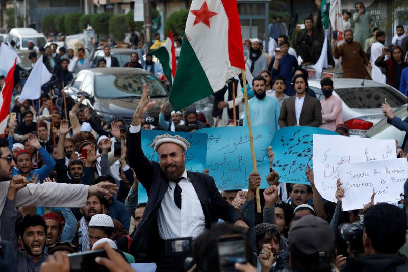 Supporters of Pashtun Tahafuz Movement protest over the arrest of their leader Manzoor Pashteen, in Karachi,