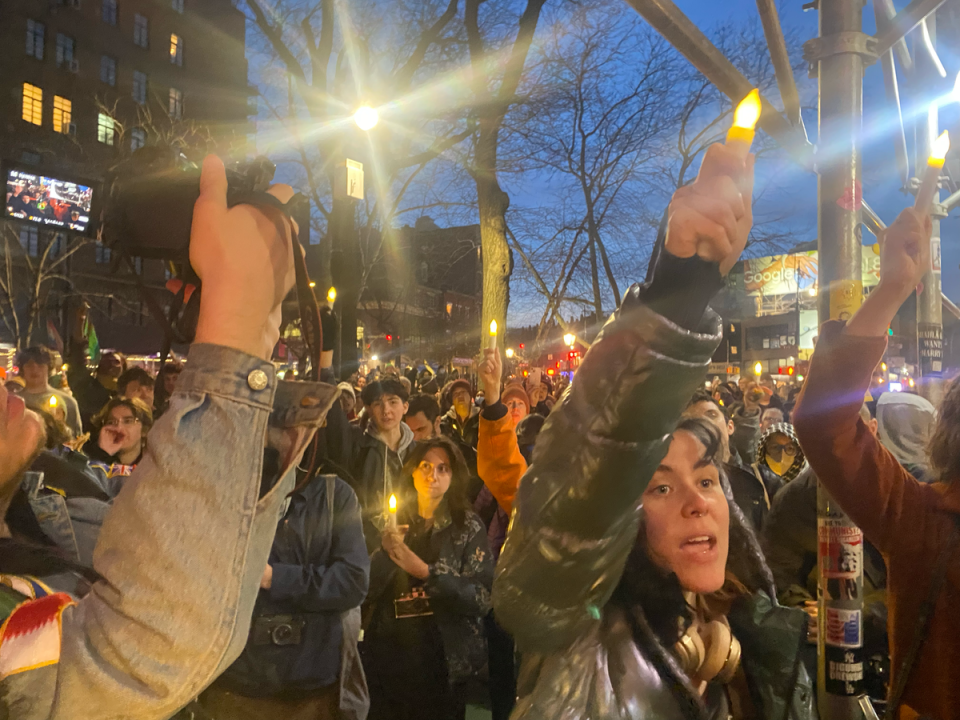 A crowd of around 500 gathered at the historic Stonewall Inn in New York to pay tribute to Nex Benedict (Bevan Hurley / The Independent)