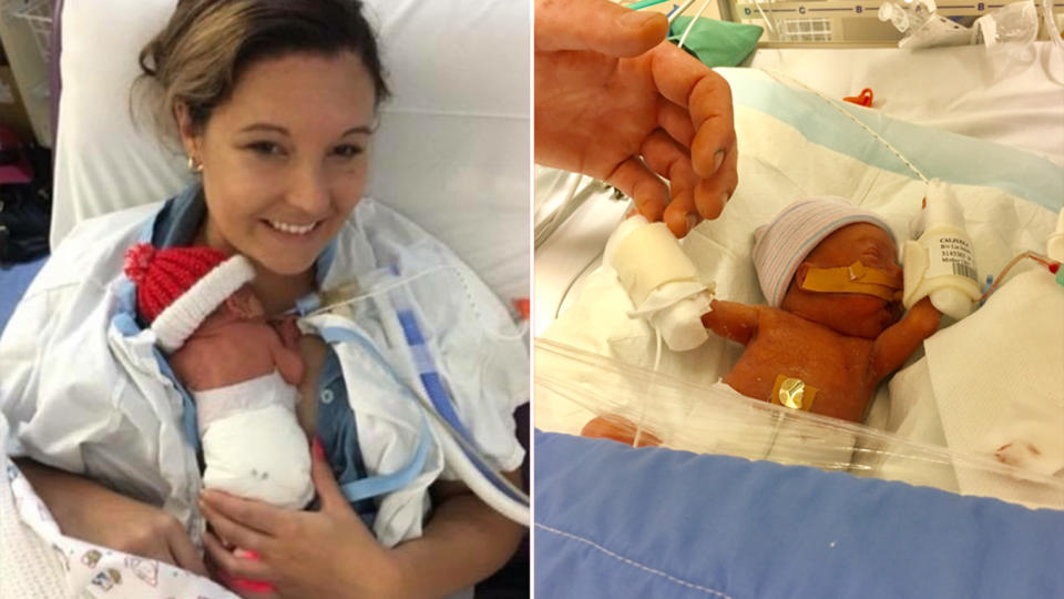 Queensland mum Lia Calzuola and Luca, left; little baby Luca in intensive care. Source: Supplied