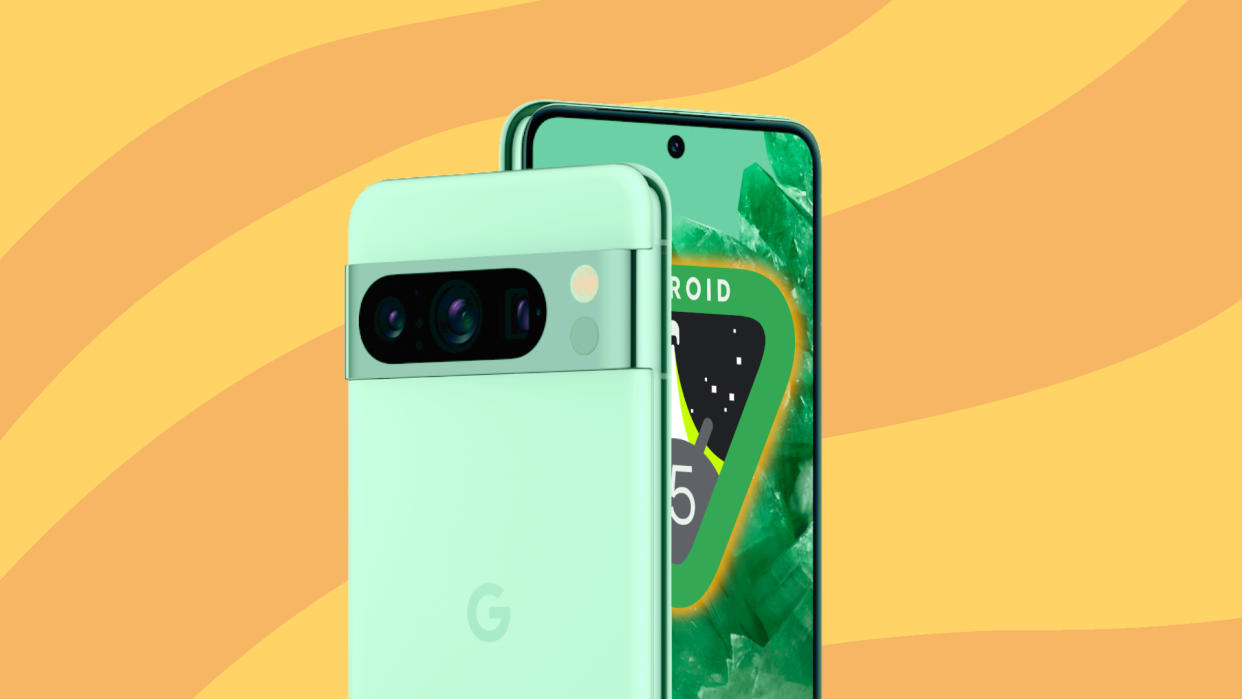  Android 15 logo on Google Pixel 8 Pro in mint green on yellow/orange swirled background. 