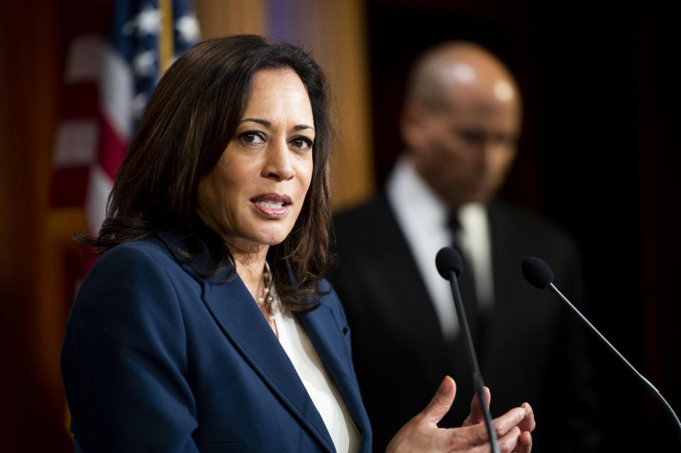 UNITED STATES - JUNE 2: Sen. Kamala Harris, D-Calif., speaks during the Senate Democrats press conference on Tuesday, June 2, 2020, introducing the resolution to condemn President Donald Trump for the tear-gassing of peaceful protesters at the White House on Monday. (Photo By Bill Clark/CQ-Roll Call, Inc via Getty Images)