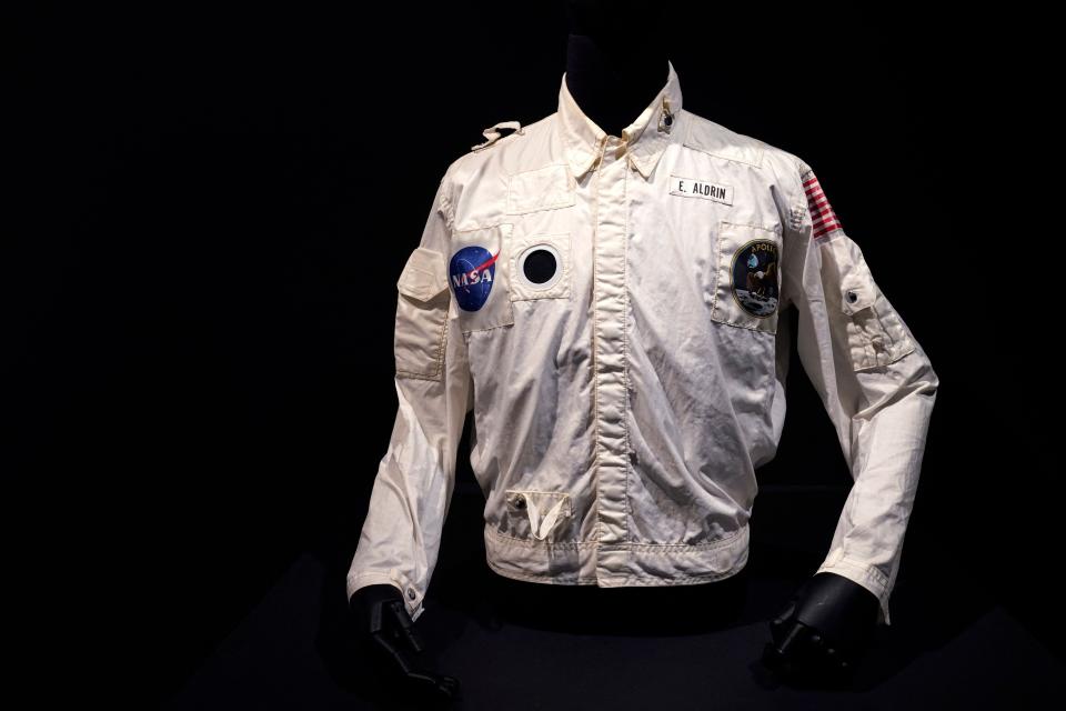 Buzz Aldrin's Inflight Coverall Jacket, worn by him on his Apollo 11 mission to the Moon was on display Thursday during a media preview at Sotheby's in New York.