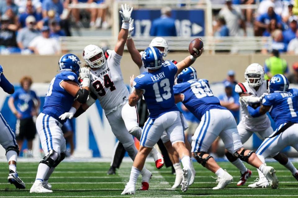 Kentucky quarterback Devin Leary (13) passes the ball against Ball State during Saturday’s game at Kroger Field.