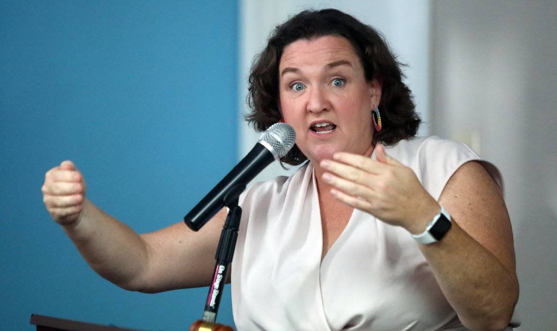 Rep. Katie Porter, one of three top Democrats running for Senate, made a campaign stop at the Fresno Democratic Party Headquarters in Fresno on Sept. 16, 2023.