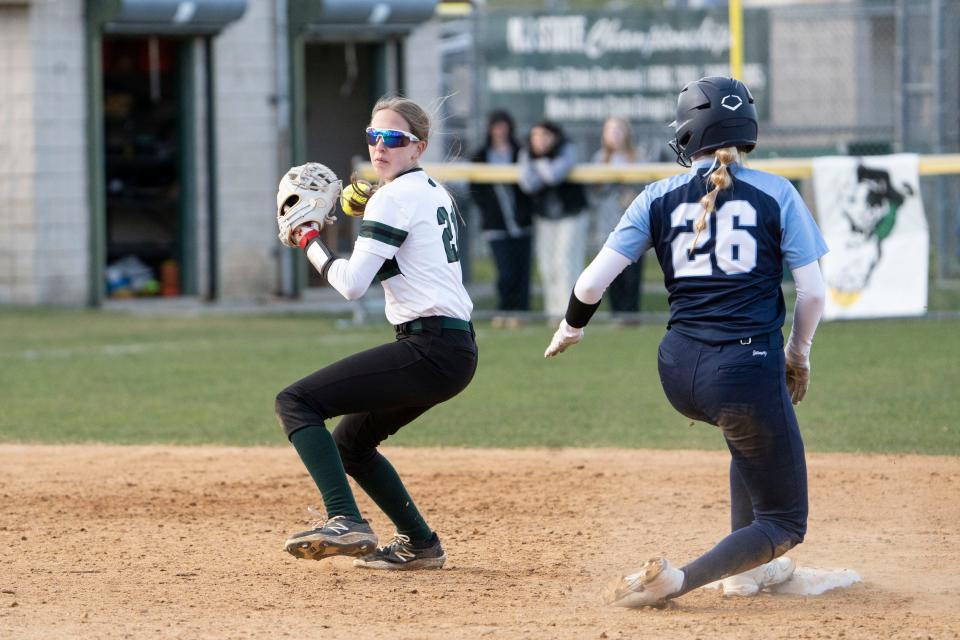 Apr 5, 2024; Franklin Lakes, NJ, USA; IHA softball at Ramapo. R #21 Therese Adams throws to first after the out at second.