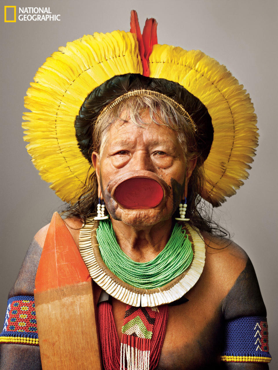 ROPNI, an internationally known chief, is one of the few Kayapo who still wear the mahogany lip plate.