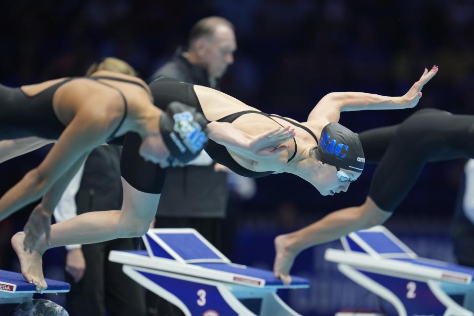 Gretchen Walsh swims during the Women's 100 butterfly finals Sunday, June 16, 2024, at the US Swimming Olympic Trials in Indianapolis. (AP Photo/Michael Conroy)