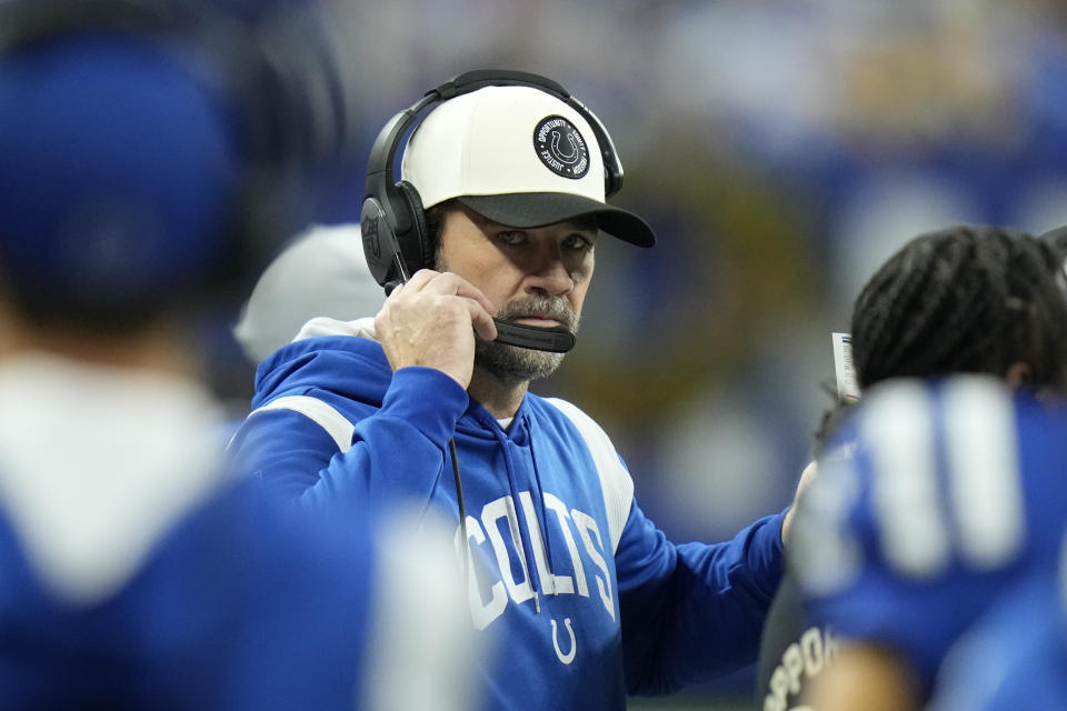 Indianapolis Colts interim head coach Jeff Saturday watches during the first half of an NFL football game against the Los Angeles Chargers, Monday, Dec. 26, 2022, in Indianapolis. (AP Photo/AJ Mast)