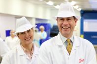 <p>Sophie, Countess of Wessex and Prince Edward wear some striking hats during a visit to the Tiptree Jam Factory. </p>