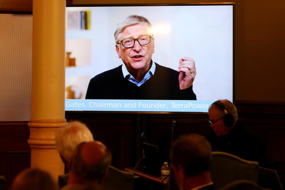 TerraPower Founder and Chairman Bill Gates speaks in a recorded video message during a June 2021 press conference announcing efforts to build a Natrium reactor demonstration project on the site of an old coal plant in Wyoming.