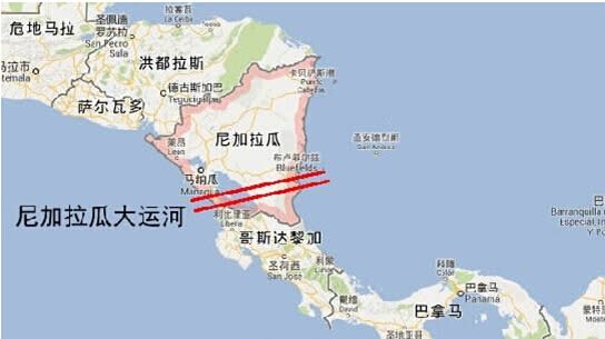 尼加拉瓜運河地理位置圖。   圖 : 翻攝自百度