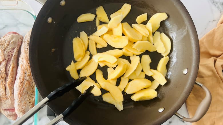 chopped apples in pan