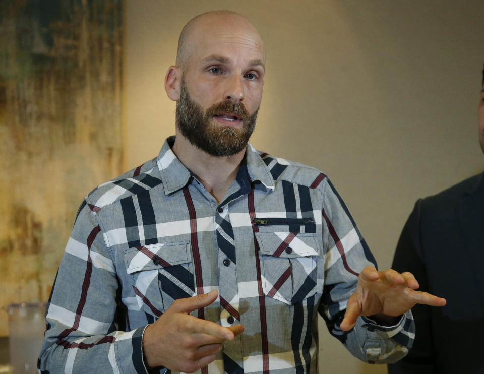 Michael Behenna answers a question during a news conference Wednesday, May 8, 2019, in Oklahoma City. Behenna has been pardoned from his 2009 conviction for killing an Iraqi prisoner. (Photo: Sue Ogrocki/AP)