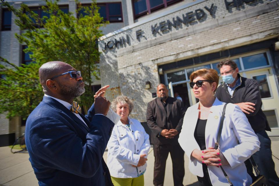 Neil Mapp, Chief Officer of Facility and Custodial Services, gives brief information of the problems the school faces as (2nd from L), Eileen Shafer, Paterson Schools Superintendent, Commissioner Emanuel Capers, N.J Senator Nellie Pou and NJ Senate Dems Communications, Bruce Lowy listen at the beginning of a tour at John F. Kennedy High School in Paterson Wednesday on 06/08/22.