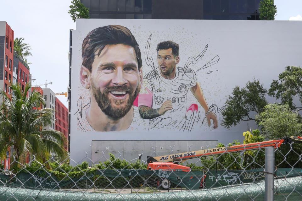 A mural of Lionel Messi by artist Maxi Bagnasco is seen in the Miami neighborhood of Wynwood as Messi is set to be presented as an Inter Miami CF player.