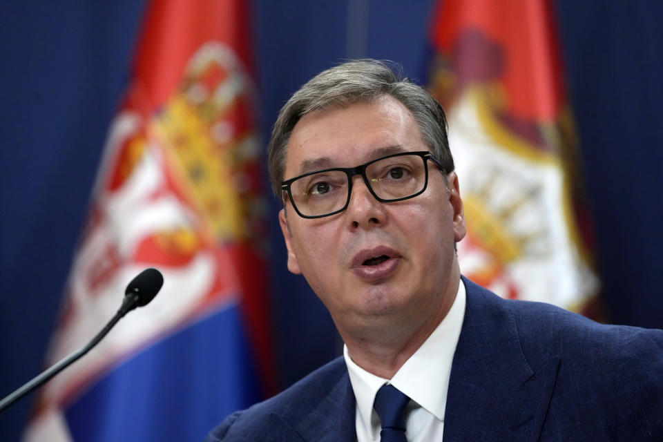 Serbian President Aleksandar Vucic addresses the nation at a news conference in Belgrade, Serbia, Sunday, Aug. 21, 2022. Vucic has called on NATO on Sunday to "do their job" in Kosovo, or Serbia will have to protect its minority in the breakaway province. Address to his nation by Aleksandar Vucic followed the collapse of political talks between Serbian and Kosovo leaders mediated earlier this week by the European Union in Brussels. (AP Photo/Darko Vojinovic)