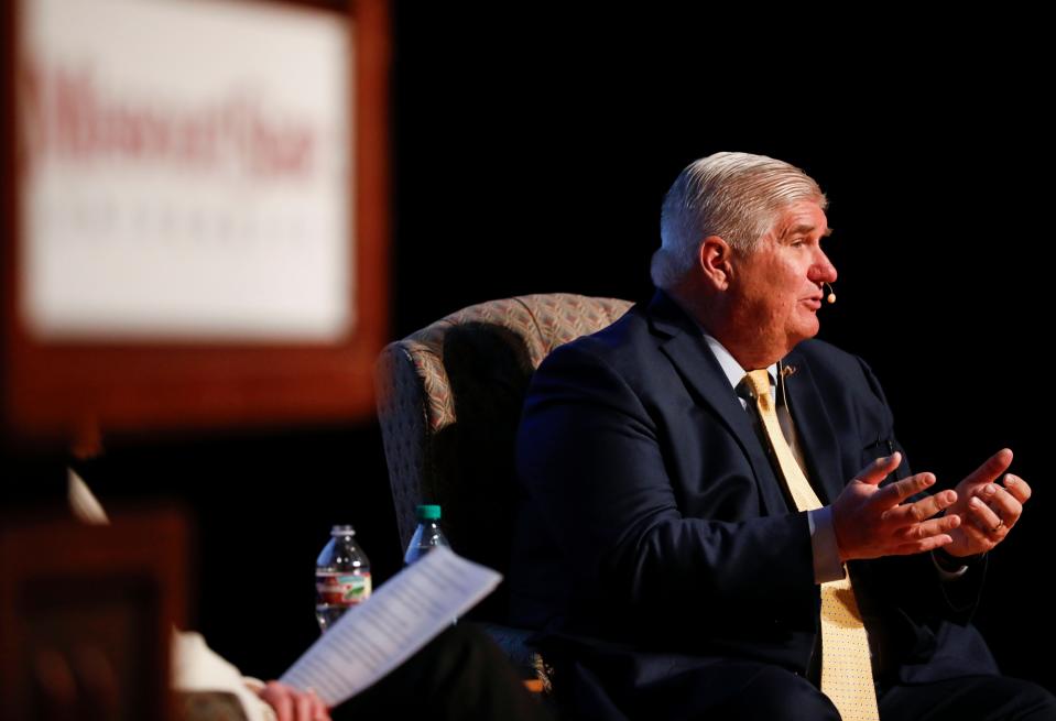 Roger Thompson, a finalist for the Missouri State University president job, answers questions at a forum in the Plaster Student Union auditorium on Thursday, Feb. 29, 2024.