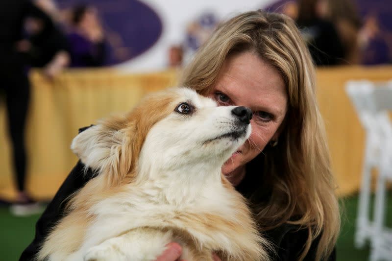 Jenny, a corgi dog, looks on while its owner, Diane Polito of New Jersey, poses for a picture ahead of the Masters Agility Championship during the Westminster Kennel Club Dog Show in New York