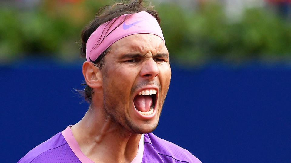 Seen here, Rafael Nadal reacts during his win against Kei Nishikori in Barcelona. 