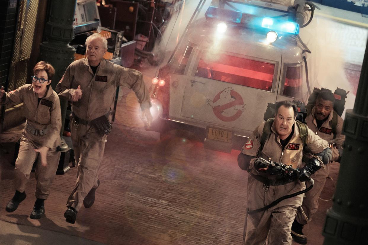 Original "Ghostbusters" stars Annie Potts, Bill Murray, Dan Aykroyd and Ernie Hudson strap on the proton packs for "Frozen Empire."