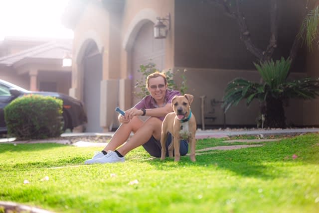 Riley Behrens, 23, has weakness on his left side after suffering a mini-stroke related to COVID-19. The other day his puppy got loose because Behrens' grip on the leash wasn't tight enough.  (Courtesy Riley Behrens)