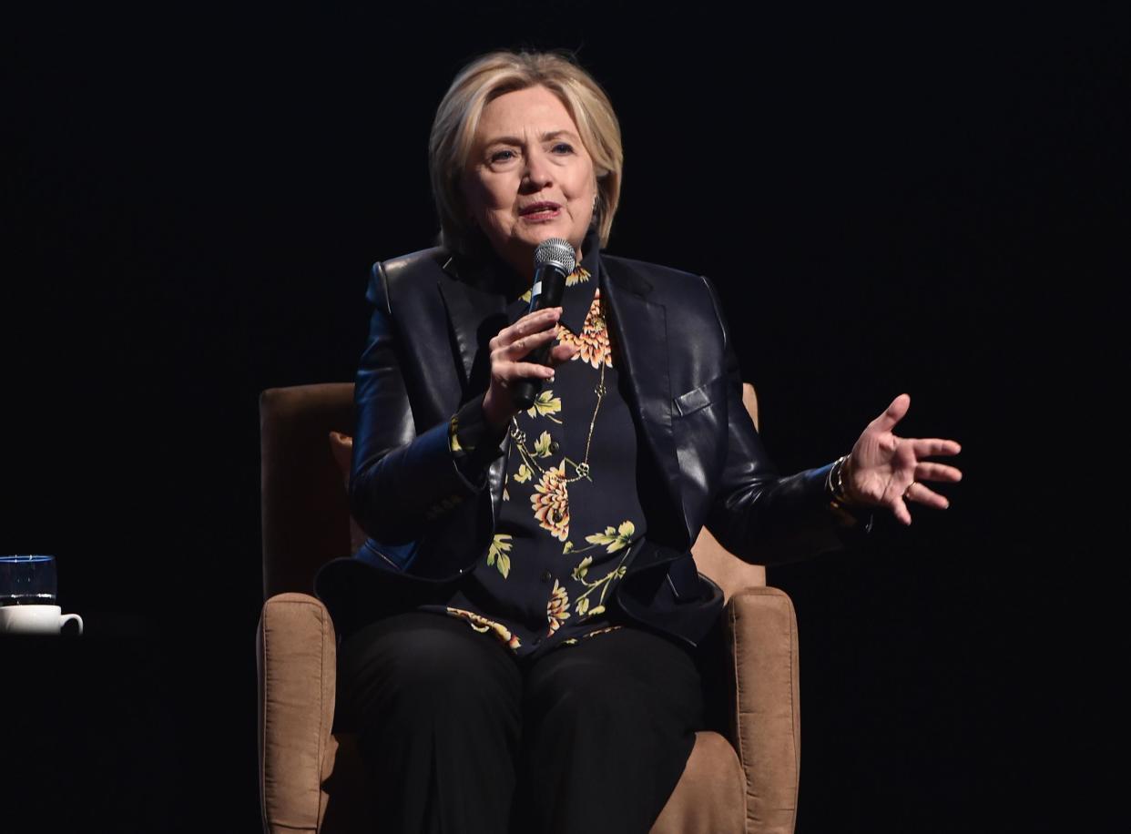 Hillary Clinton speaks onstage at LA Promise Fund's 'Girls Build Leadership Summit' at Los Angeles Convention Center: Alberto E. Rodriguez/Getty Images