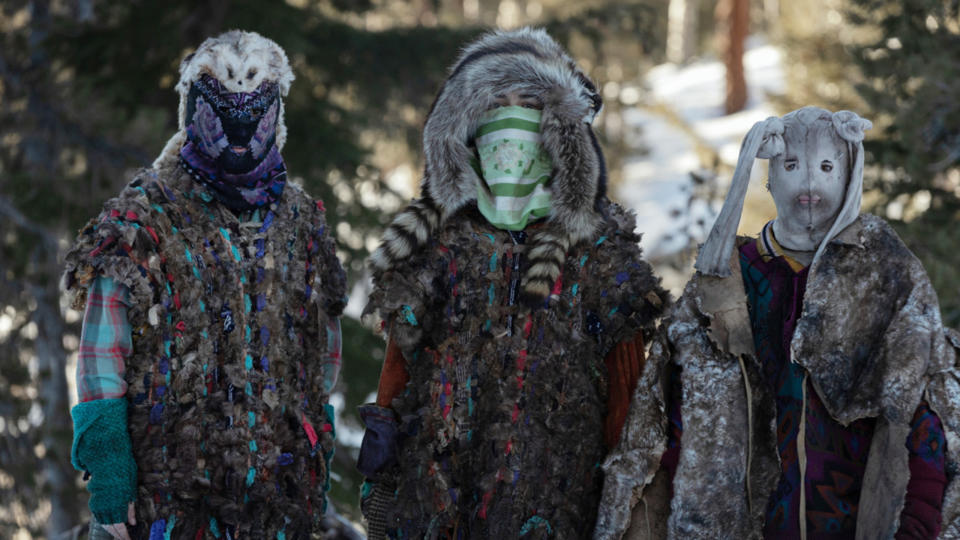 Three girls dressed in bear clothing in Yellowjackets season 1