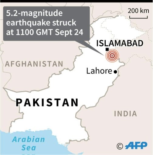 Map locating a 5.2 magnitude earthquake struck near the Kashmiri city of Mirpur in Pakistan