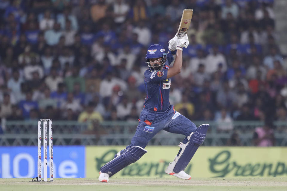 Lucknow Super Giants' captain KL Rahul plays a shot during the Indian Premier League cricket match between Rajasthan Royals and Lucknow Super Giants in Lucknow, India, Saturday, April 27, 2024. (AP Photo/Pankaj Nangia)