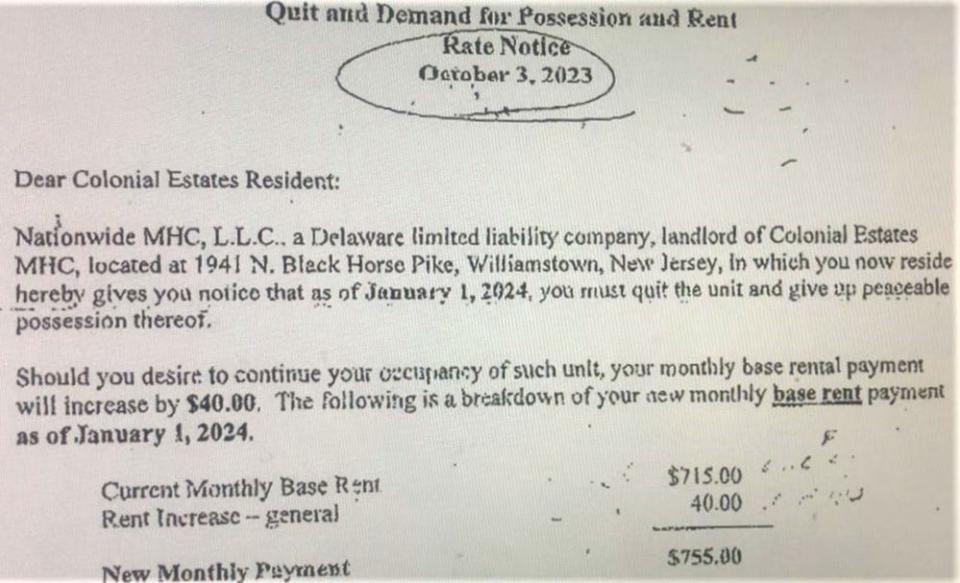 A copy of a recent rent increase notice sent to residents of Colonial Estates mobile home park in Monroe Township. The notice, effective for January 2024, is an exhibit in related litigation filed last year in state court.