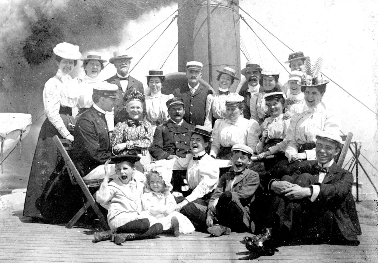 This wonderful photograph was taken aboard the Goodrich steamer Georgia in 1898 while steaming across Lake Michigan. Seated in the center of the image is Capt. Ed Carus, who is surrounded by jovial passengers that appear to be having a great time.