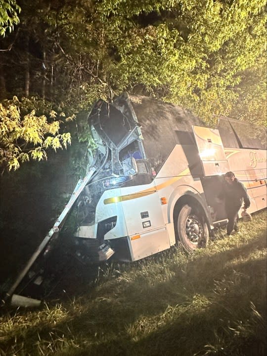 The passenger bus after it crashed into several trees off of Interstate 95 in Greensville County. (Photos: Virginia State Police)