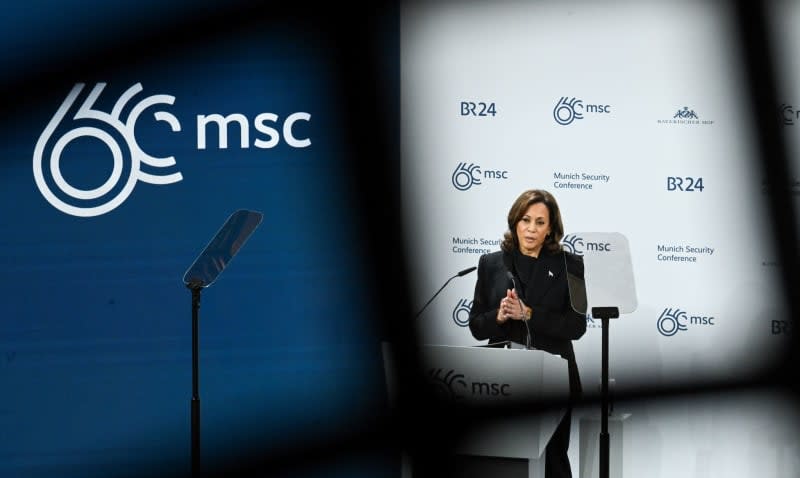 US Vice President Kamala Harris, delivers a speech at the Munich Security Conference. Around 50 heads of state and government and more than 100 ministers from all over the world are expected to attend the 60th Munich Security Conference at the Hotel Bayerischer Hof from Friday to Sunday. Tobias Hase/dpa