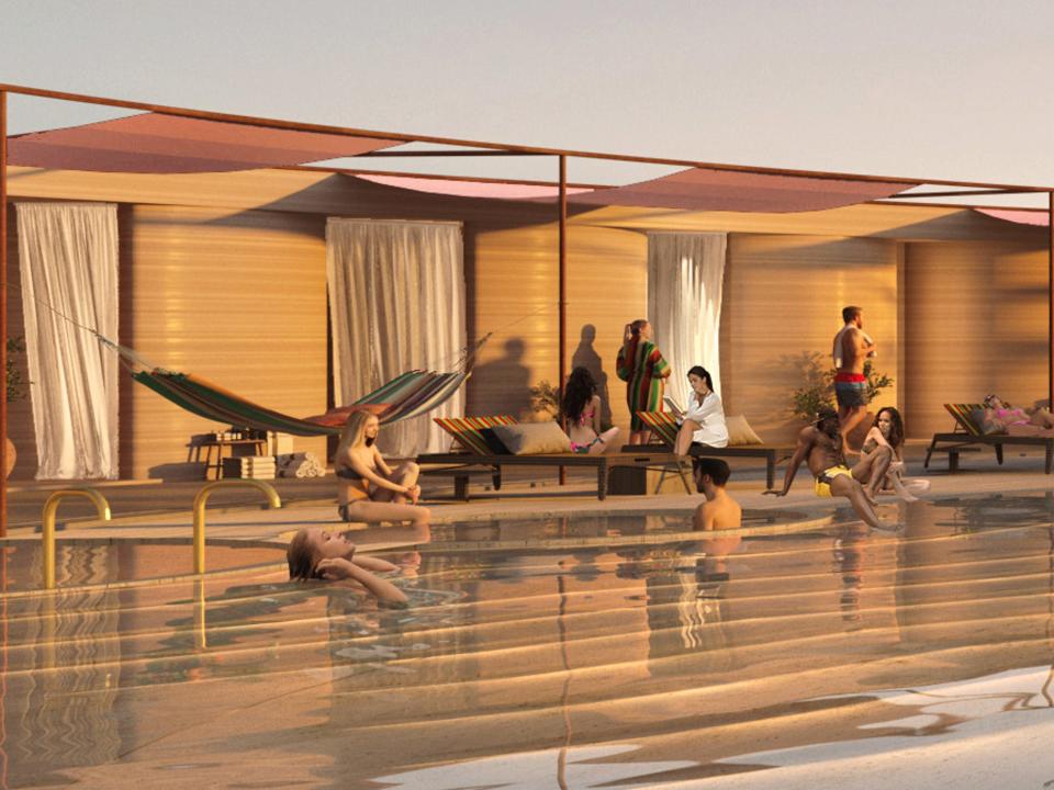 Renderings of the El Cosmico property shows people lounging by a pool.