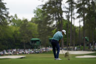 Jordan Spieth hits his tee shot on the 16th hole during the second round of the Masters golf tournament on Friday, April 9, 2021, in Augusta, Ga. (AP Photo/David J. Phillip)