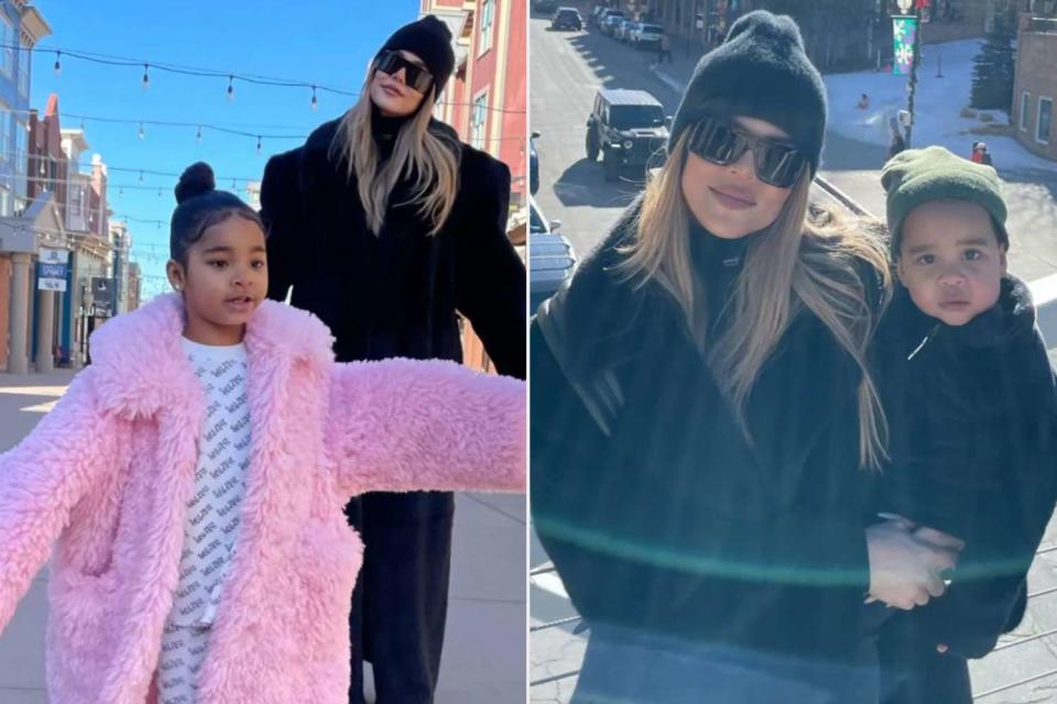 <p>Khloe Kardashian/Snapchat</p> Khloé Kardashian and kids on Utah ski trip.