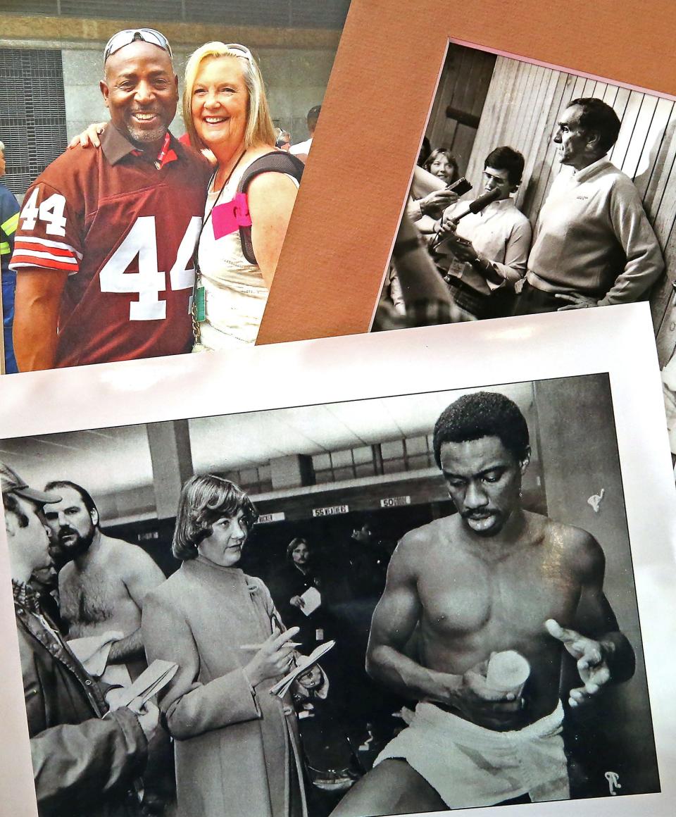 A few of Beacon Journal sports columnist Marla Ridenour's favorite photos from her 45 year career in journalism. Top left, Ridenour with Browns running back Earnest Byner during a parade for the Cavs, top right, Ridenour postgame with Browns coach Sam Rutigliano in early 80s. He was fired after eight games in 1984. Bottom photo, Ridenour interviewing Browns defensive back Clarence Scott in the locker room at Cleveland Stadium in 1981.